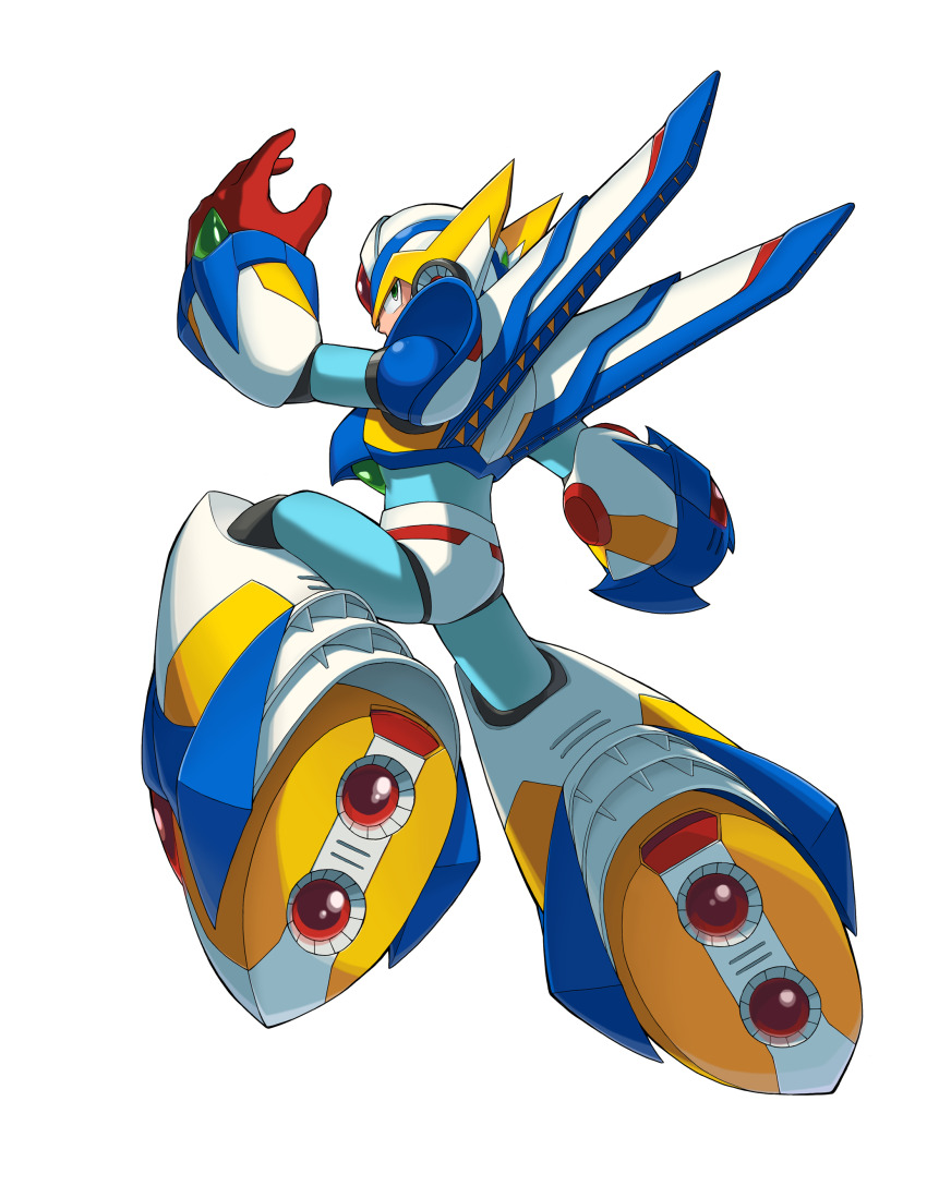 1boy absurdres arm_cannon armor back bodystocking boots codpiece commentary commentary_request english_commentary falcon_armor_x_(mega_man) full_body gauntlets gloves green_eyes helmet highres korean_commentary looking_back male_focus mega_man_(series) mega_man_x5 mega_man_x_(series) mixed-language_commentary official_alternate_costume samatsida simple_background solo thrusters weapon white_armor wind wings x_(mega_man)