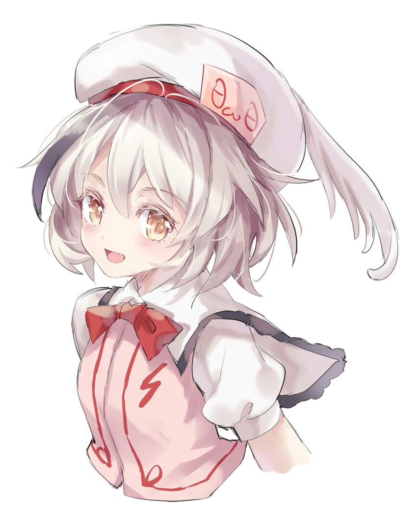 1girl akinomiya_asuka black_hair bow bowtie collared_shirt hat highres hollow_song_of_birds multicolored_hair open_mouth original pink_vest puffy_short_sleeves puffy_sleeves red_bow red_bowtie shirt short_hair short_sleeves smile solo streaked_hair torisumi_horou touhou upper_body vest white_hair white_hat white_shirt winged_hat yellow_eyes