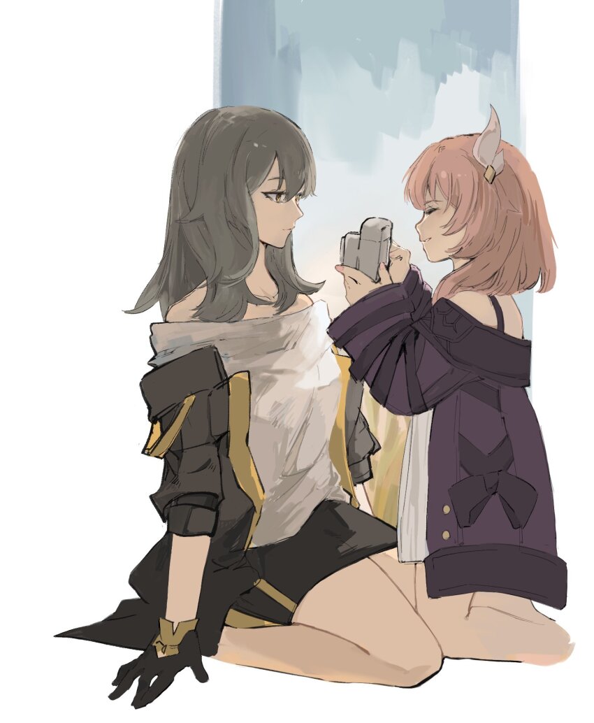 2girls aha0oo black_coat black_gloves black_skirt breasts coat commentary_request cyrene_(honkai:_star_rail) dress gloves grey_hair hair_ornament highres honkai:_star_rail honkai_(series) medium_hair multiple_girls pink_hair purple_coat shirt sitting skirt smile stelle_(honkai:_star_rail) taking_picture trailblazer_(honkai:_star_rail) wariza white_dress white_shirt yellow_eyes