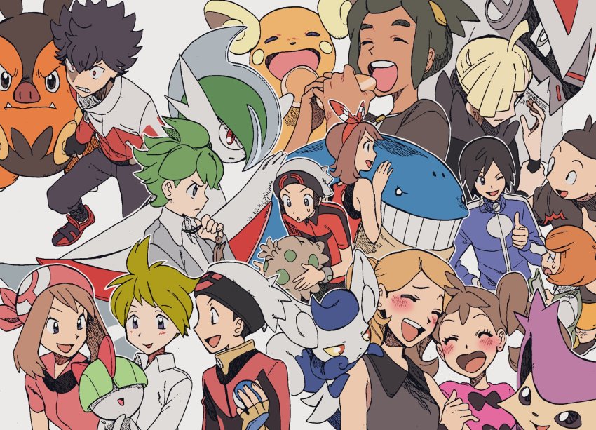 3girls 6+boys alolan_form alolan_raichu bandana beanie black_hair blonde_hair blush brendan_(pokemon) calem_(pokemon) closed_eyes commentary_request delcatty eating eyelashes food gallade gen_3_pokemon gen_4_pokemon gen_5_pokemon gen_6_pokemon gen_7_pokemon gladion_(pokemon) green_hair hat hau_(pokemon) highres holding holding_food holding_poke_ball holding_pokemon hugh_(pokemon) jacket jewelry legendary_pokemon light_brown_hair long_sleeves malasada may_(pokemon) meowstic meowstic_(female) multiple_boys multiple_girls nashubi_(to_infinity_wow) necklace nintendo one_eye_closed open_mouth orange_hair pants pignite poke_ball pokemon pokemon_(creature) pokemon_bw2 pokemon_oras pokemon_rse pokemon_sm pokemon_xy ralts red_bandana serena_(pokemon) shauna_(pokemon) shoes shroomish silvally teeth tierno_(pokemon) tongue trevor_(pokemon) wailmer wally_(pokemon) white_background white_headwear