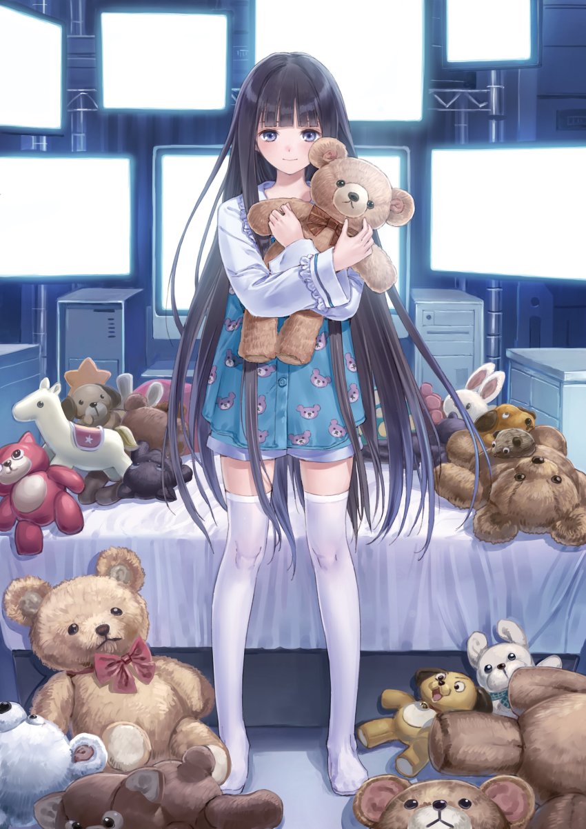 1girl absurdres animal_print bear_print bed black_hair blouse blue_eyes blue_shirt blunt_bangs blush cabinet computer frills full_body highres hime_cut holding holding_stuffed_toy kami-sama_no_memo-chou kishida_mel long_hair long_sleeves looking_at_viewer monitor no_shoes screen shionji_yuuko shirt short_shorts shorts sidelocks smile solo standing straight_hair stuffed_animal stuffed_toy teddy_bear thighhighs thighs two-tone_shirt very_long_hair white_shirt white_shorts white_thighhighs zettai_ryouiki