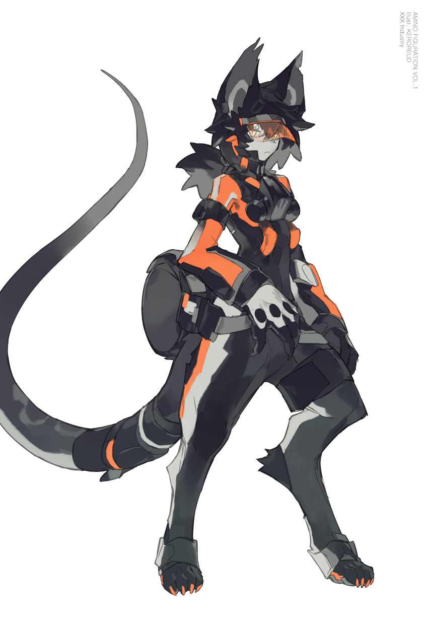 1other absurdres animal_ears animal_hands bag black_bodysuit black_hair black_pants black_tail bodysuit digitigrade fangs full_body furry gas_mask gloves highres keroreud mask orange_bodysuit orange_visor original other_focus pants ponytail simple_background slit_pupils solo tail white_background