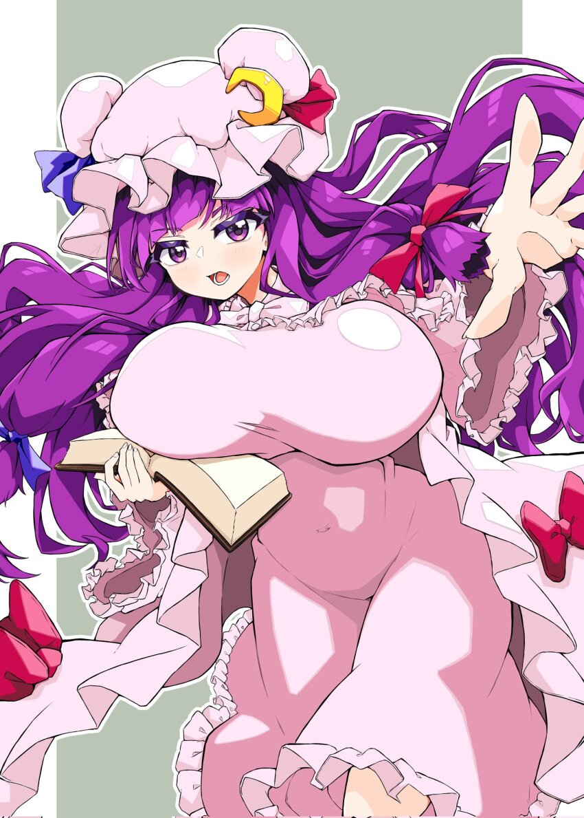 1girl book bouncing_breasts breasts crescent crescent_hat_ornament gurajio hat hat_ornament highres large_breasts mob_cap patchouli_knowledge solo touhou