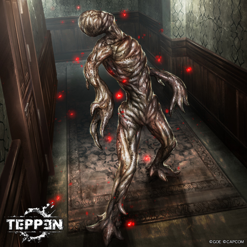 capcom carpet door hallway highres horror_(theme) jun_ishimaru mimicry_marcus monster monster_focus no_humans official_art progenitor_leech resident_evil resident_evil_0 teppen wooden_floor