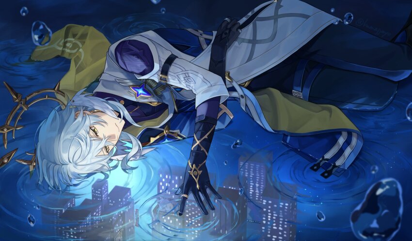 1boy arm_belt black_gloves black_pants blue_jacket blue_pupils blurry bubble building city closed_mouth clothing_cutout commentary depth_of_field different_reflection earrings feathered_wings gloves gold_earrings gold_trim grey_hair hair_between_eyes halo halo_behind_head head_wings highres honkai:_star_rail honkai_(series) jacket jewelry kumajyayo looking_at_reflection lying male_focus marquee_lights medium_hair multicolored_jacket on_side pants partially_submerged piercing purple_shirt reflection reflective_water ring ripples scarf shirt shoulder_cutout sign solo spiked_halo sunday_(honkai:_star_rail) symbol-only_commentary thigh_strap three-quarter_sleeves twitter_username two-sided_scarf two-tone_jacket water white_jacket white_scarf white_wings wing_piercing wings yellow_eyes yellow_scarf