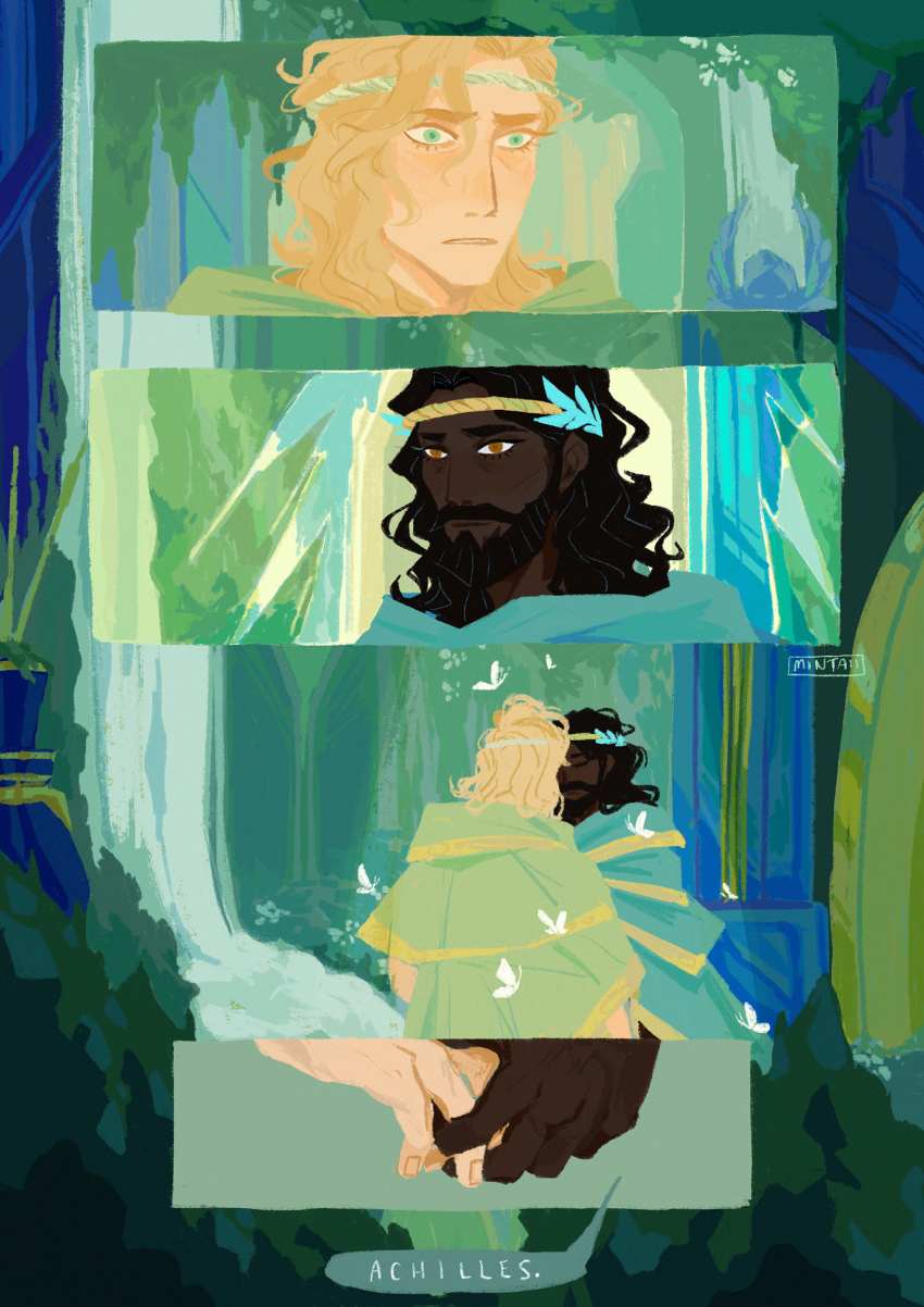 2boys achilles_(hades) beard black_hair blonde_hair bug butterfly character_name closed_eyes colored_speech_bubble commentary couple dark-skinned_male dark_skin english_commentary english_text facial_hair full_beard green_eyes green_robe hades_(series) hades_1 hair_ornament headband heads_together highres holding_hands insect leaf_hair_ornament long_hair lower_eyelashes_only male_focus multiple_boys mustache orange_eyes parted_lips patroclus_(hades) robe spearmintaii speech_bubble twitter_username water waterfall wavy_hair yaoi