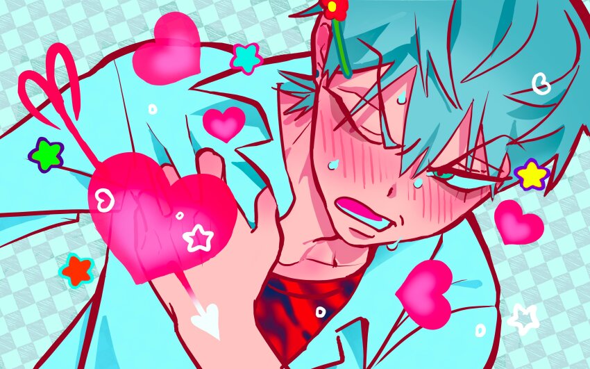 1boy absurdres alien_stage arrow_through_heart blue_background blush checkered_background clutching_chest collared_shirt commentary green_eyes grey_hair hair_between_eyes hair_ornament hairclip hashtag-only_commentary heart highres male_focus official_alternate_costume official_art one_eye_closed open_mouth partially_unbuttoned second-party_source shirt short_hair solo star_(symbol) sweat till_(alien_stage) v-shaped_eyebrows vivinos white_shirt