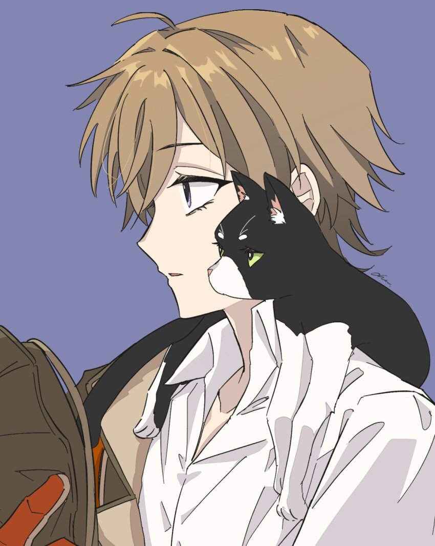 1boy animal animal_around_neck animal_on_shoulder blue_background brown_hair cat cat_on_shoulder collared_shirt from_side highres looking_ahead male_focus official_alternate_costume ohuman oliver_fog portrait profile reverse:1999 shirt short_hair solo white_shirt