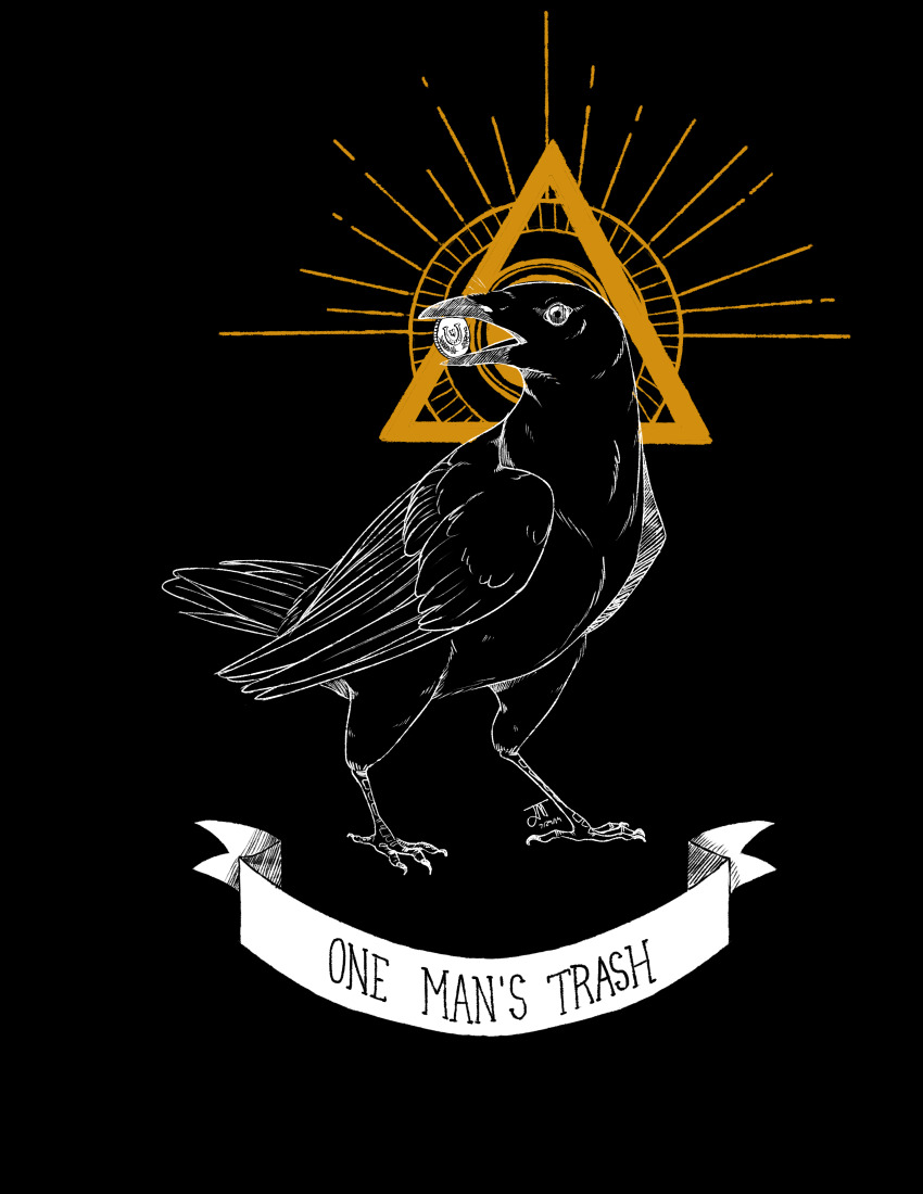 absurdres animal animal_focus banner bird black_background black_theme businessfish coin commentary crow dated english_commentary english_text full_body halo hatching_(texture) highres holding holding_coin lineart looking_at_viewer monochrome no_humans open_mouth original outline simple_background spot_color standing triangle white_outline yellow_halo