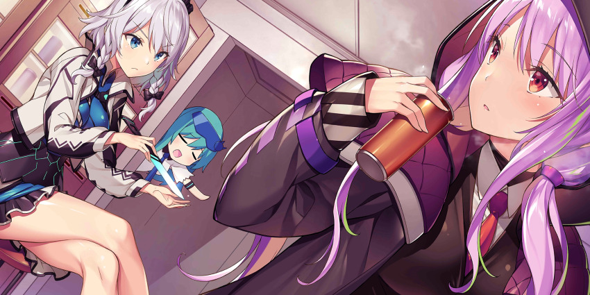 3girls alternate_costume alternate_hairstyle alternate_headwear_color armored_skirt black_bow black_coat black_headdress black_jacket blue_dress blue_eyes bow braid breasts closed_eyes closed_mouth coat collared_shirt crossed_legs dress game_cg goggles goggles_on_head green_hair grey_hair grey_jacket hair_bow highres holding holding_knife hood hood_up indoors izayoi_sakuya izayoi_sakuya_(lunar_war_servant) jacket kikuchi_seiji knife kochiya_sanae kochiya_sanae_(lunar_war_oracle) long_sleeves maid_headdress multicolored_jacket multiple_girls necktie official_art open_clothes open_coat open_jacket open_mouth purple_hair red_eyes red_necktie reisen_udongein_inaba reisen_udongein_inaba_(lunar_war_soldier) shirt sitting thighs third-party_source touhou touhou_lostword twin_braids two-tone_jacket white_shirt
