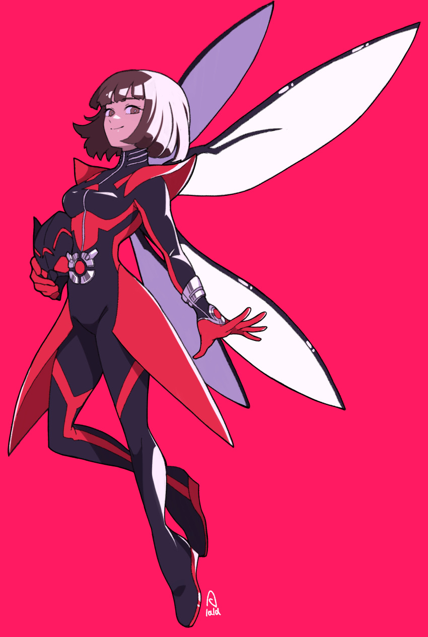 1girl absurdres blunt_bangs bob_cut breasts brown_eyes brown_hair full_body helmet highres holding holding_helmet looking_at_viewer marvel medium_breasts nadia_van_dyne red_background short_hair simple_background smile superhero_costume sushi_pizza_rrr wasp_(marvel) wings