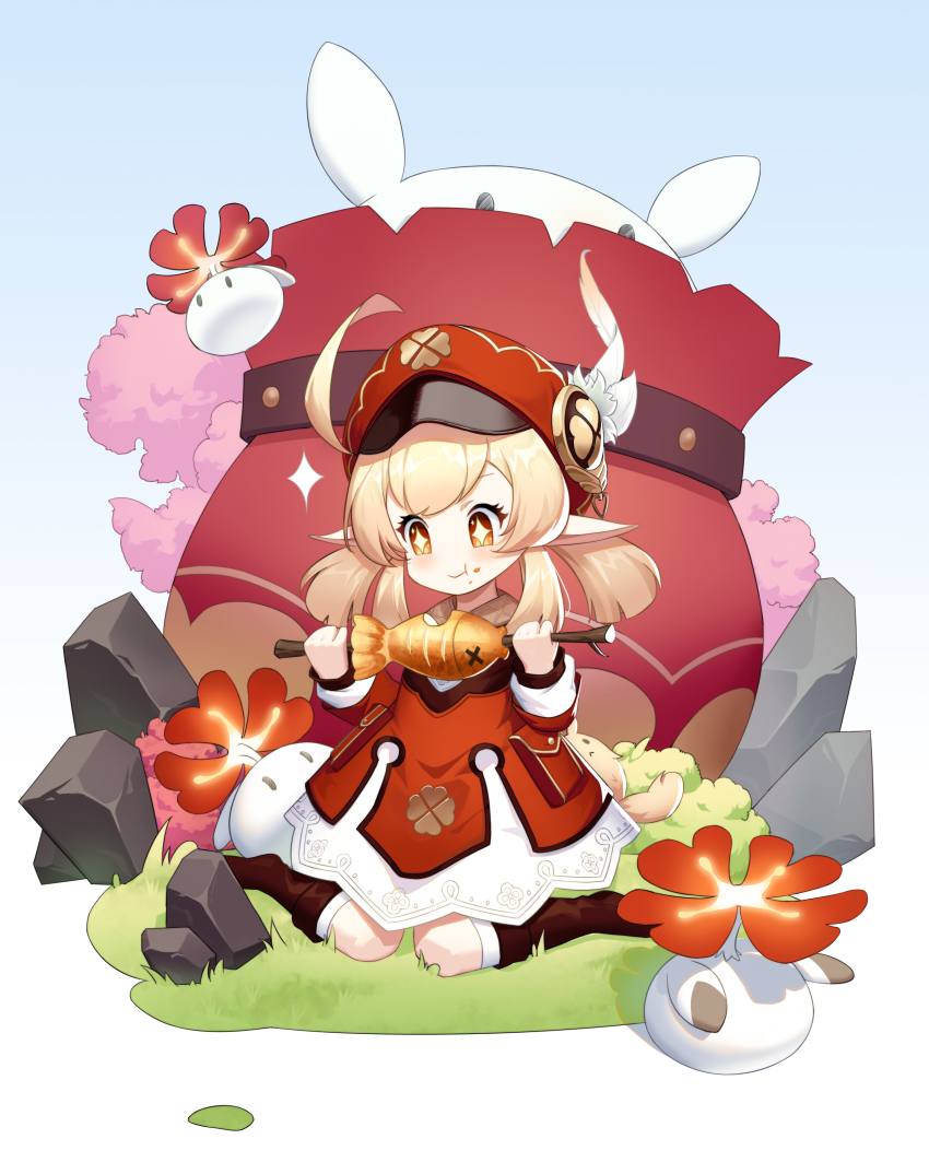 +_+ 1girl absurdres ahoge blonde_hair blush boots brown_footwear cherry_blossoms chibi creature dress eating feathers fish fish_(food) food food_on_face fried_fish fysc genshin_impact gradient_background grass hat hat_feather highres holding holding_stick klee_(genshin_impact) pointy_ears pouch red_headwear rock sitting smile solo_focus sparkle sparkling_eyes stick twintails wariza