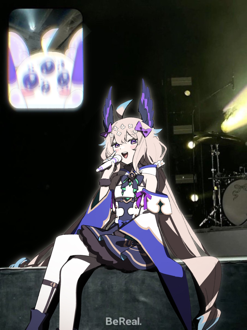1girl absurdly_long_hair absurdres aloupeep_(enna_alouette) bereal bird_girl blonde_hair bow concert crossed_legs dress drum drum_set enna_alouette enna_alouette_(1st_costume) fan_screaming_at_madison_beer_(meme) feet_out_of_frame flower glowstick hair_bow hair_flower hair_ornament highres holding holding_glowstick holding_microphone inset instrument long_hair low_twintails meme microphone moonie multicolored_dress music nijisanji nijisanji_en open_mouth pantyhose photo_background purple_bow purple_dress purple_eyes screaming singing sitting sleeveless smile solo twintails very_long_hair virtual_youtuber white_dress white_flower white_pantyhose