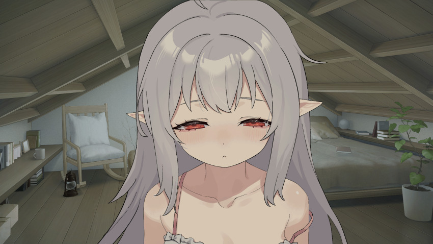 1boy 1girl :&lt; ahoge animated animated_gif bare_shoulders bed book bow brother_and_sister chair closed_eyes collarbone commentary_request cup cushion dress drooling eyelashes game_cg grabbing_another&#039;s_face grey_bow grey_dress grey_hair half-closed_eyes head_grab highres light_blush long_hair mug niliu_chahui open_mouth original plant pointy_ears potted_plant pov red_eyes rocking_chair siblings sidelocks sleepy solo_focus triangle_mouth upper_body wooden_ceiling wooden_floor