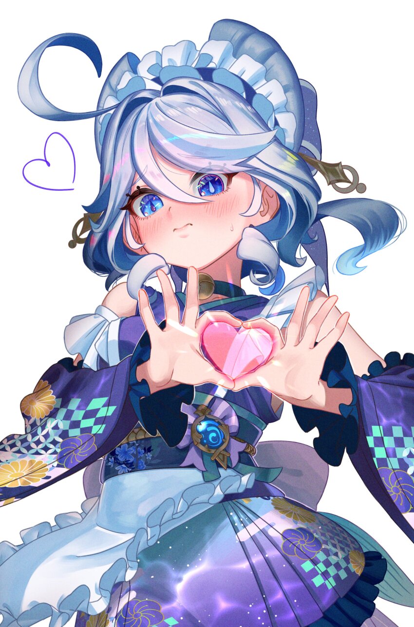 1girl four-finger_heart_hands absurdres ahoge apron bell black_choker blue_eyes blue_gemstone blue_hair blue_kimono blue_pupils blue_sash blue_sleeves blush choker closed_mouth commentary_request cosplay detached_sleeves drop-shaped_pupils frilled_apron frilled_hairband frills furina_(genshin_impact) gem genshin_impact hair_between_eyes hairband heart heart_hands heterochromia highres hydro_symbol_(genshin_impact) japanese_clothes kimono looking_at_viewer multicolored_hair neck_bell nihongami obi punco_(kdfg2577) sash simple_background small_sweatdrop solo streaked_hair symbol-shaped_pupils vision_(genshin_impact) waist_apron white_apron white_background white_hair white_hairband yumemizuki_mizuki yumemizuki_mizuki_(cosplay)