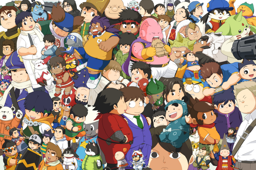 00s 10s 1990s_(style) 6+boys accel_world akimichi_chouji amagi_daichi ano_hi_mita_hana_no_namae_wo_bokutachi_wa_mada_shiranai. arita_haruyuki battle_spirits bear bepo_(one_piece) black_eyes black_hair brown_hair character_request chiba_yuudai chihayafuru connor_culf copyright_request cyborg_kuro-chan dark_skin digimon digimon_frontier digimon_tamers dororo dragon_ball dragon_quest dragon_quest_viii eric_cartman fat fat_man fukutomi_shinbe glasses gluttony_(fma) highschool_of_the_dead hirano_kouta_(hsotd) hisakawa_tetsudou inazuma_eleven inazuma_eleven_(series) jinbe_(one_piece) jumpsuit keroro_gunsou kyatto_ninden_teyandee majin_buu male_focus mitsudomoe_(manga) monster_boy multiple_boys my_melody naruto naruto_(series) nintendo nishida_yuusei one_piece onegai_my_melody plump pokemon rakudai_ninja_rantarou retro_artstyle sanrio school_uniform sentoumaru shibayama_junpei south_park square_enix tegami_bachi yajirobe yangus yattarou_(kyatto_ninden_teyandee)