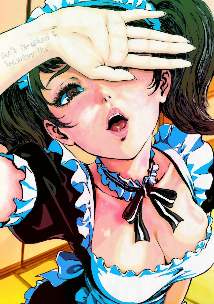 absurdres apron breasts covering_own_eyes highres kawakami_sadayo large_breasts looking_at_viewer maid maid_apron maid_headdress necktie oeilvert_fft open_mouth persona persona_5