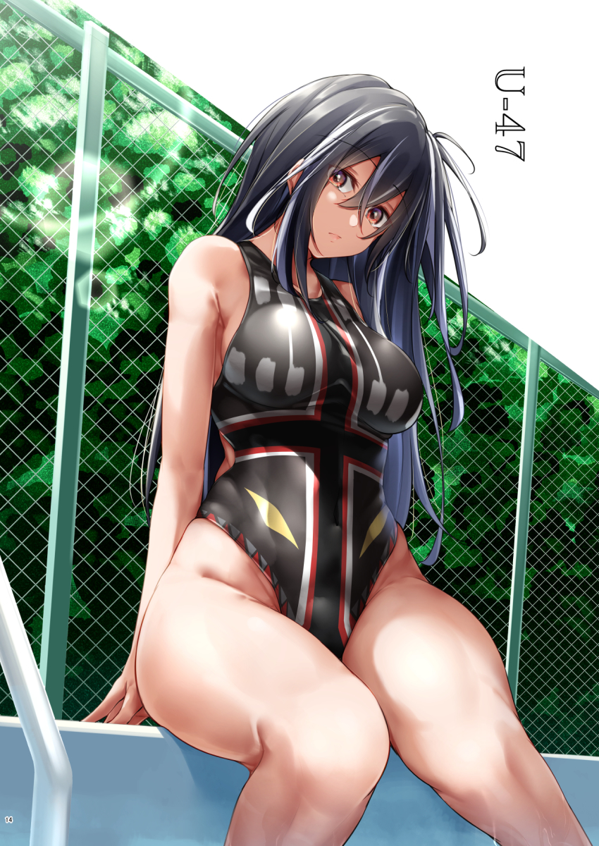 1girl alternate_costume arm_support azur_lane bare_shoulders black_hair black_one-piece_swimsuit breasts chain-link_fence character_name closed_mouth collarbone commentary_request competition_swimsuit covered_navel day fence groin hair_between_eyes highleg highres large_breasts lens_flare long_hair looking_at_viewer multicolored_hair one-piece_swimsuit one_side_up oriue_wato outdoors page_number poolside red_eyes sidelocks sitting soaking_feet solo streaked_hair swimsuit u-47_(azur_lane) white_hair