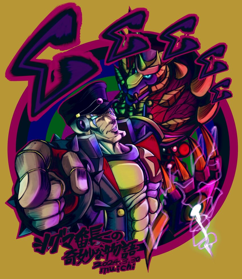 2boys agetatekoron2 android armor bald banchou black_hair black_hat black_jacket blue_eyes bracelet dated delinquent facial_mark glowing glowing_eyes hat highres horns jacket jewelry jojo_no_kimyou_na_bouken jojo_pose kujo_jotaro&#039;s_pose_(jojo) looking_at_viewer male_focus mega_man_(series) mega_man_x_(series) mega_man_x_dive multiple_boys official_alternate_costume pointing pointing_at_viewer robot_ears sigma_(mega_man) spiked_bracelet spikes stand_(jojo) upper_body yellow_armor yellow_background