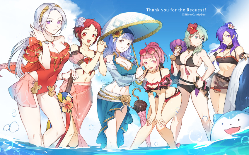 6+girls bare_shoulders bikini black_bikini blue_bikini blue_hair blue_sky breasts cleavage collarbone commentary covered_erect_nipples day edelgard_von_hresvelg edelgard_von_hresvelg_(summer) english_commentary eyewear_on_head female_byleth_(fire_emblem) female_byleth_(summer)_(fire_emblem) female_shez_(fire_emblem) female_shez_(summer)_(fire_emblem) fire_emblem fire_emblem:_three_houses fire_emblem_engage fire_emblem_heroes fire_emblem_warriors:_three_hopes flower forehead green_hair grey_hair hair_over_one_eye highres hilda_valentine_goneril hilda_valentine_goneril_(summer) leaning_forward long_hair marianne_von_edmund marianne_von_edmund_(summer) monica_von_ochs multiple_girls navel nintendo off-shoulder_bikini off_shoulder official_alternate_costume official_alternate_hairstyle one-piece_swimsuit own_hands_together pink_hair puffy_short_sleeves puffy_sleeves purple_eyes purple_hair red_flower red_hair red_one-piece_swimsuit revision round_eyewear sarong short_sleeves silvercandy_gum sky sommie_(fire_emblem) standing stomach sunglasses swimsuit thighs water