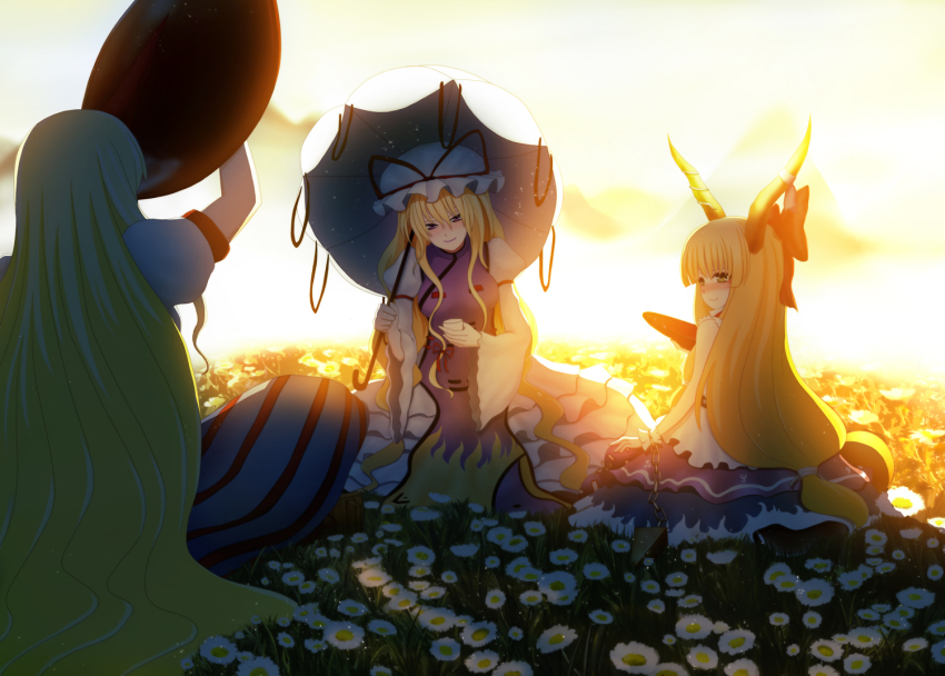 3girls alcohol back bad_id bad_pixiv_id bare_shoulders blonde_hair blunt_bangs bow cup delant drinking female_focus flower hachifuku hair_bow hat hat_ribbon horns hoshiguma_yuugi ibuki_suika long_hair looking_back multiple_girls purple_eyes ribbon sakazuki sake shadow single_horn sitting touhou umbrella very_long_hair yakumo_yukari