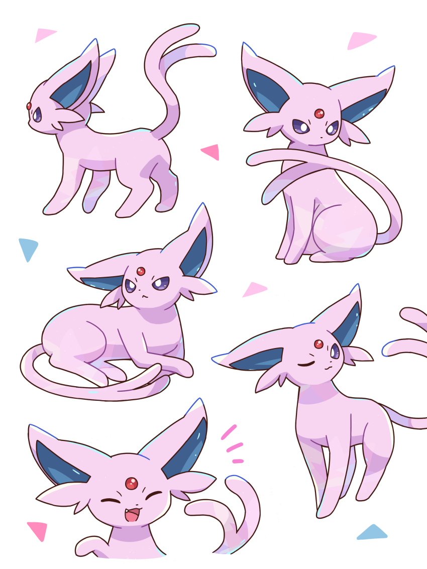 absurdres closed_eyes espeon fang forked_tail gen_2_pokemon highres neko_gyoza nintendo no_humans one_eye_closed pokemon pokemon_(creature) purple_eyes simple_background sitting smile standing tail white_background