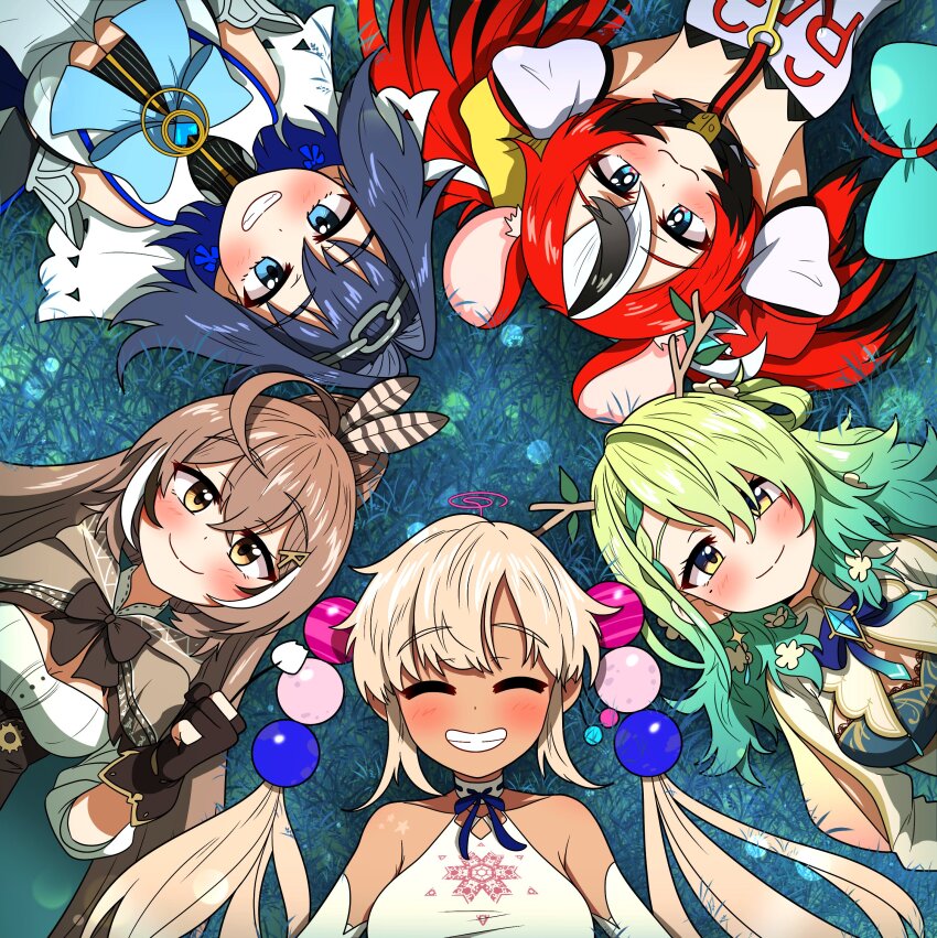 5girls :3 :d ^_^ absurdres ahoge animal_ears antlers arms_behind_back black_gloves black_hair blue_bow blue_eyes blue_hair bow bow_earrings braid branch breasts brown_capelet brown_cloak brown_corset brown_eyes brown_hair capelet ceres_fauna chain chain_headband clenched_teeth cloak closed_eyes collar commentary corset dark-skinned_female dark_skin ddolbang derivative_work earrings english_commentary feather_hair_ornament feathers flower gloves grass green_hair grin hair_flower hair_intakes hair_ornament hakos_baelz heart-shaped_gem highres holding holding_flower holocouncil hololive hololive_english horns jewelry limiter_(tsukumo_sana) long_hair looking_at_viewer lying medium_breasts mole mole_under_eye mouse_ears mouse_girl multicolored_hair multiple_girls nanashi_mumei nanashi_mumei_(1st_costume) on_back open_mouth ouro_kronii planet_hair_ornament red_hair ribbon_earrings shirt small_breasts smile spiked_collar spikes straight-on streaked_hair teeth tsukumo_sana twintails upper_body very_long_hair virtual_youtuber white_hair white_shirt yellow_eyes