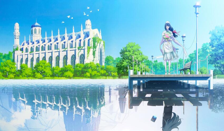 2girls absurdres android back bench beret bird black_hair blue_sky bouquet box_art church cube dress dress_pants dress_suit elbow_gloves flower gloves grace_(vivy) grey_hair hat highres holding holding_bouquet lake lamppost long_dress long_hair low_ponytail matsumoto_(vivy) multiple_girls official_art ponytail reflection reflective_water robot sky smile socks standing third-party_source tree vivy vivy:_fluorite_eye&#039;s_song white_socks