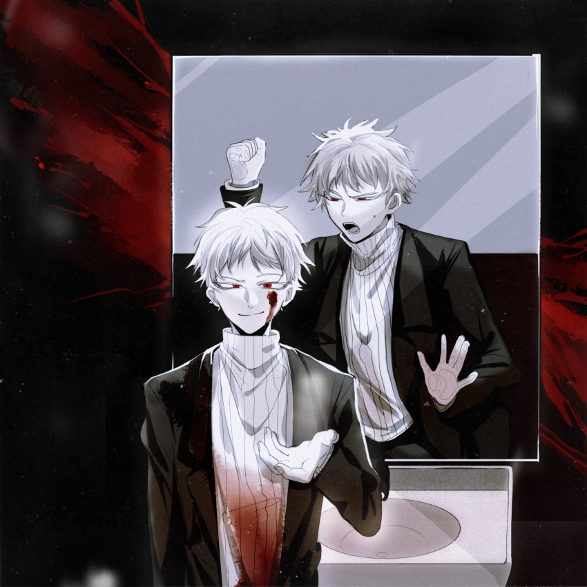 2boys atou_haruki blood blood_on_clothes blood_on_face chinese_commentary closed_mouth commentary_request different_reflection dual_persona greyscale highres jacket lapels lemijiang long_sleeves male_focus monochrome multiple_boys open_clothes open_jacket open_mouth red_eyes reflection ribbed_sweater saibou_shinkyoku smile spot_color sweat sweater trapped turtleneck turtleneck_sweater