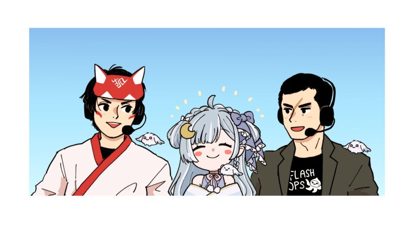 1girl 2boys ahoge amaui animal animal_on_shoulder black_eyes black_hair black_shirt blazer blue_background blue_bow blue_hair blue_kimono blunt_bangs blush border bow braid brown_jacket character_request closed_mouth cosplay crescent crescent_hair_ornament crown_braid esports hair_bow hair_ornament headset highres iwanashi jacket japanese_clothes kimono kiriko_(overwatch) kiriko_(overwatch)_(cosplay) long_hair multicolored_hair multiple_boys nanashi_inc. open_mouth overwatch overwatch_2 overwatch_league rabbit real_life shirt side_braid smile two-tone_hair upper_body virtual_youtuber white_border white_hair white_kimono
