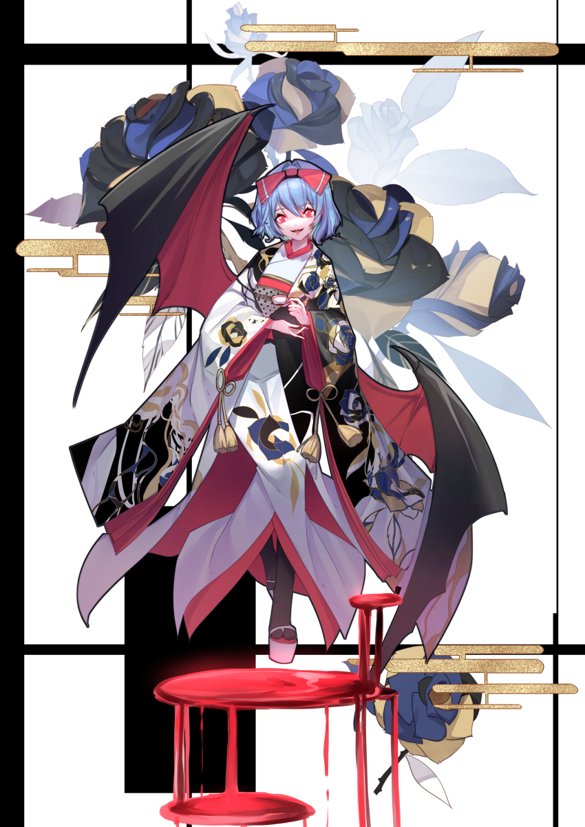 1girl :d absurdres alternate_costume ambiguous_red_liquid bat_wings black_flower black_rose black_socks blue_flower blue_hair blue_rose bow commentary cup dare_no_inarikami fangs floral_print flower full_body geta hair_between_eyes hair_bow highres holding holding_cup japanese_clothes kimono long_sleeves looking_at_viewer multicolored_flower multicolored_rose open_mouth red_bow red_eyes remilia_scarlet rose rose_print short_hair slit_pupils smile socks solo tabi tassel teacup teeth tongue touhou upper_teeth_only white_footwear white_kimono wide_sleeves wings yellow_flower yellow_rose