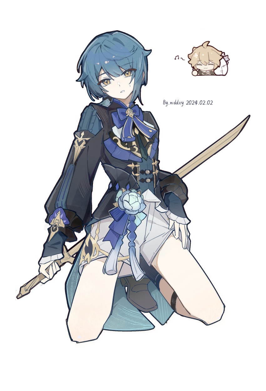 2boys absurdres aether_(genshin_impact) black_shirt black_shoes black_sleeves blonde_hair blue_bow blue_flower blue_hair bow chibi chibi_inset coattails flower frilled_sleeves frills genshin_impact head_tilt highres holding holding_sword holding_weapon kneeling layered_sleeves leg_belt long_sleeves looking_at_viewer male_focus multiple_boys musical_note parted_lips primogem sack shirt shoes shorts sidelocks signature simple_background sleeves_past_wrists solo_focus swept_bangs sword tassel teeth wddxy weapon white_background white_shorts wooden_sword xingqiu_(bamboo_rain)_(genshin_impact) xingqiu_(genshin_impact) yellow_eyes
