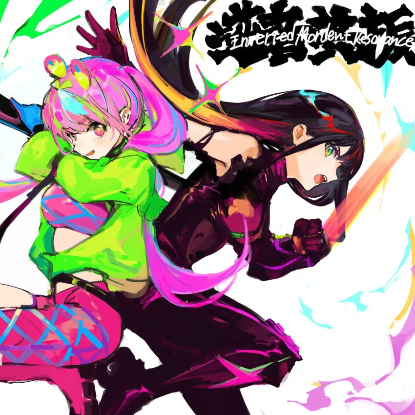 2girls asymmetrical_legwear back-to-back black_hair bodysuit breasts commentary_request english_text girls&#039;_frontline girls&#039;_frontline_neural_cloud green_jacket highres jacket large_breasts long_hair multicolored_hair multiple_girls nascita_(neural_cloud) open_mouth pink_eyes pink_hair purple_bodysuit puzzle_(neural_cloud) symbol-shaped_pupils tarano_(tsumugiko) torn_bodysuit torn_clothes