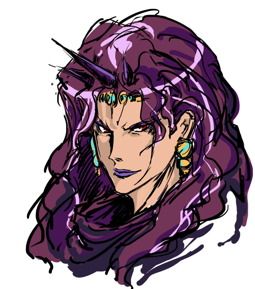 1boy battle_tendency closed_mouth diadem earrings highres jewelry jojo_no_kimyou_na_bouken kars_(jojo) lipstick long_hair looking_at_viewer makeup male_focus nameo_(judgemasterkou) portrait purple_hair purple_lips purple_lips red_eyes simple_background smile solo white_background