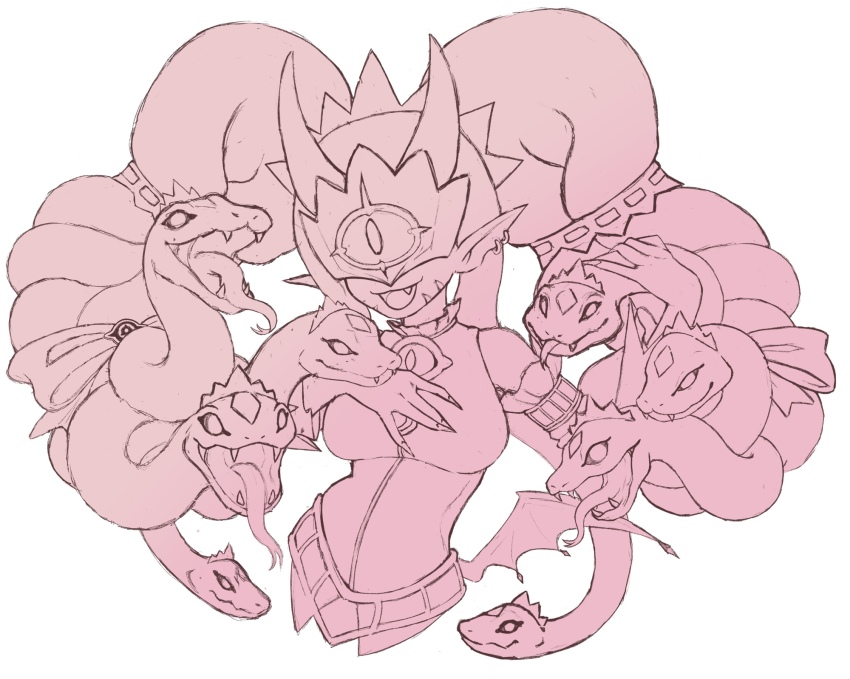 breasts crown digimon digimon_(creature) earrings fang highres jewelry mask medusamon open_mouth pointy_ears ribbon sharp_teeth shelly_starship sketch smile snake snake_hair teeth wings