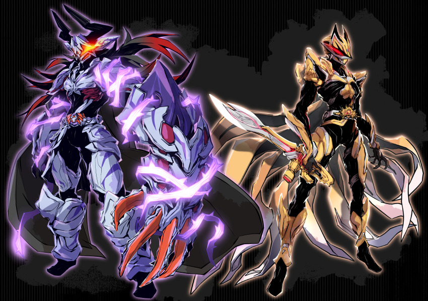 2boys absurdres armor black_background black_bodysuit black_gloves bodysuit bull cape claw_(weapon) desire_driver dooms_geats_core_id rider_belt extra_tails fox_mask geats_buster_qb9 gloves glowing glowing_eyes gunblade helmet highres holding holding_shield holding_sword holding_weapon horns kamen_rider kamen_rider_buffa kamen_rider_buffa_plosion_rage kamen_rider_dooms_geats kamen_rider_geats kamen_rider_geats:_jyamato_awaking kamen_rider_geats_(series) knee_spikes light_particles linnnoj long_hair mask multiple_boys orange_eyes purple_hair red_eyes rider_belt shield shoulder_spikes spikes sword tokusatsu weapon
