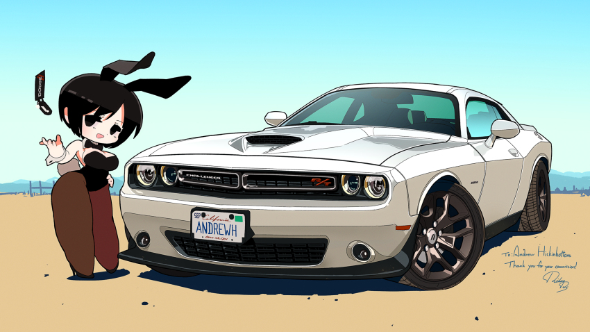 1girl animal_ears beach black_eyes black_hair black_leotard brown_pantyhose car commission dodge_(company) dodge_challenger dodge_challenger_(3rd_generation) highres leotard license_plate motor_vehicle muscle_car original pantyhose playboy_bunny rabbit_ears rikona skeb_commission sky smile solo vehicle_focus white_car
