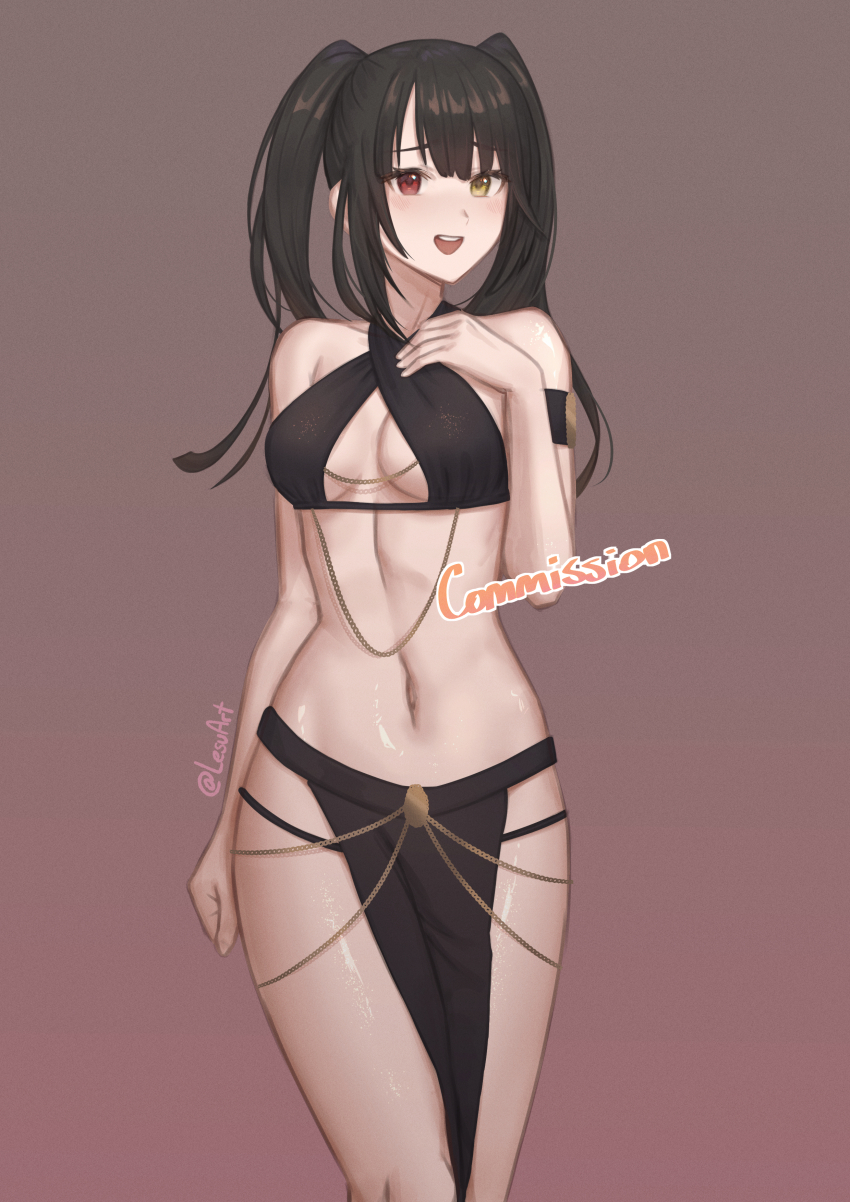 1girl :d absurdres alternate_costume black_hair breasts brown_background commission cowboy_shot dancer date_a_live harem_outfit heterochromia highres lesu medium_breasts navel open_mouth pelvic_curtain red_eyes simple_background smile solo stomach tokisaki_kurumi yellow_eyes yomorio_lingerie