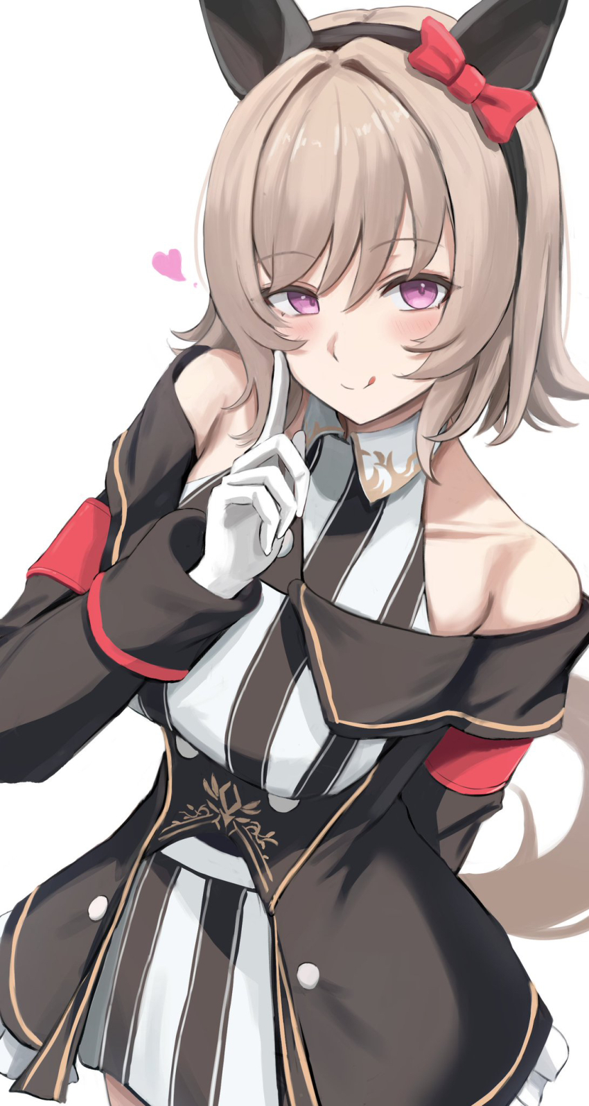 1girl :d animal_ears bare_shoulders bow breasts commentary curren_chan_(umamusume) dress ear_bow ear_covers finger_to_cheek gloves grey_hair hair_between_eyes highres horse_ears horse_girl horse_tail index_finger_raised large_breasts long_sleeves looking_at_viewer naname_(nanameee_04) off-shoulder_jacket off_shoulder open_mouth purple_eyes red_bow short_hair simple_background smile solo striped_clothes striped_dress tail umamusume vertical-striped_clothes vertical-striped_dress white_background white_gloves