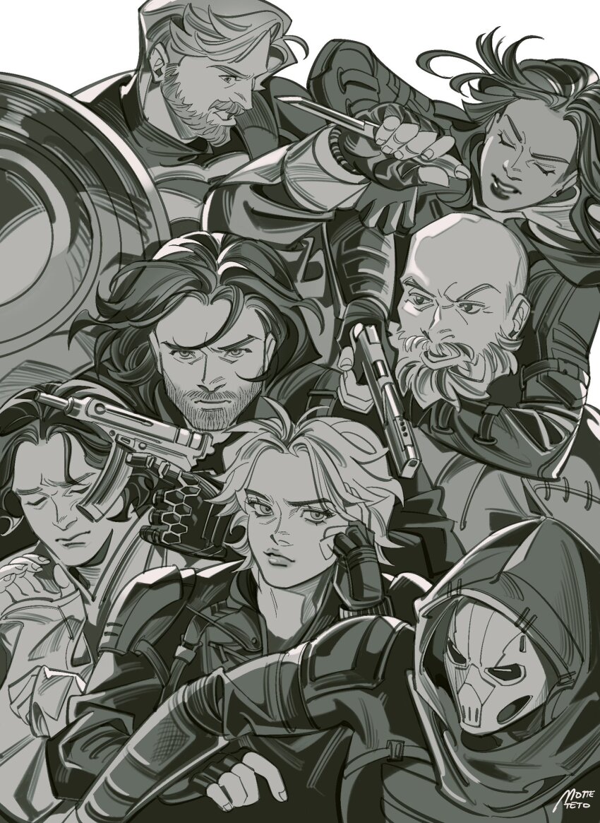 3girls 4boys arm_around_neck artist_name bald beard bodysuit bucky_barnes closed_eyes closed_mouth commentary dagger dark-skinned_female dark_skin english_commentary facial_hair father_and_daughter fingerless_gloves fingernails floating_hair gauntlets ghost_(marvel) gloves greyscale gun hand_on_own_head hand_up handgun highres holding holding_dagger holding_gun holding_knife holding_shield holding_weapon hood john_walker_(marvel) knife lips long_hair long_sleeves looking_at_viewer marvel marvel_cinematic_universe mask monochrome motteteto multiple_boys multiple_girls prosthesis prosthetic_arm red_guardian_(marvel) sentry_(marvel) shield shirt short_hair simple_background smile striped_bodysuit superhero_costume taskmaster teeth thunderbolts_(movie) upper_body v-shaped_eyebrows wavy_hair weapon winter_soldier yelena_belova