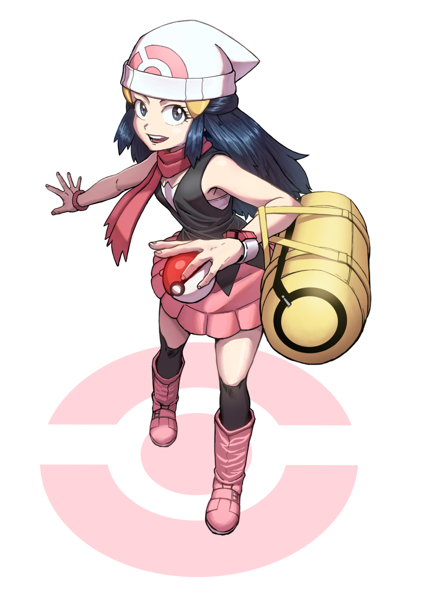 1girl absurdres bag beanie black_hair black_shirt black_socks boots bracelet commentary_request dawn_(pokemon) duffel_bag full_body grey_eyes hair_ornament hairclip hat heydove highres holding holding_poke_ball jewelry kneehighs long_hair looking_at_viewer nintendo open_mouth pink_boots pink_skirt poke_ball poke_ball_(basic) poke_ball_print poke_ball_symbol pokemon pokemon_dppt poketch red_scarf scarf shirt skirt sleeveless sleeveless_shirt smile socks solo standing teeth tongue watch white_background white_hat wristwatch yellow_bag