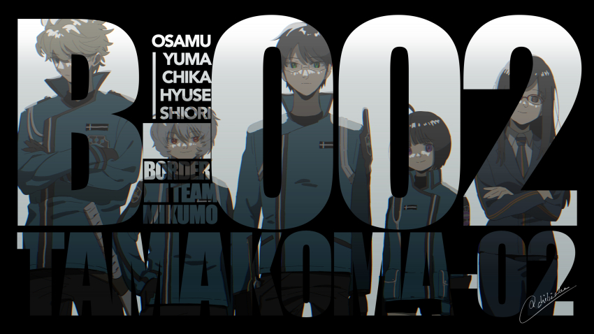 2girls 3boys :| amatori_chika arms_at_sides badge black_gloves black_jacket black_necktie black_pants black_shorts black_skirt blue_jacket bob_cut border_operator_uniform_(world_trigger) brown_hair character_name chibi_ake closed_mouth collared_shirt crossed_arms english_text glasses gloves green_eyes grey_hair highres hyuse jacket kuga_yuuma lineup long_hair long_sleeves mikumo_osamu mikumo_squad&#039;s_uniform multiple_boys multiple_girls necktie one_eye_covered own_hands_together pants pencil_skirt purple_eyes red_eyes shirt short_hair shorts shoulder_guard skirt smile usami_shiori white_background white_shirt world_trigger