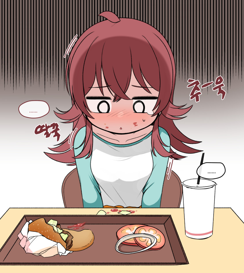... 0_0 1girl absurdres ahoge blue_sleeves blush breasts burger chair child collarbone drink drinking_straw food food_on_face gloom_(expression) gradient_background grey_background hair_between_eyes hair_flaps happy_meal highres idolmaster idolmaster_shiny_colors ketchup komiya_kaho korean_commentary long_hair long_sleeves looking_down onion_rings parted_lips pelican_(s030) red_hair shirt sitting small_breasts solo spoken_ellipsis table tearing_up tomato tray upper_body white_shirt