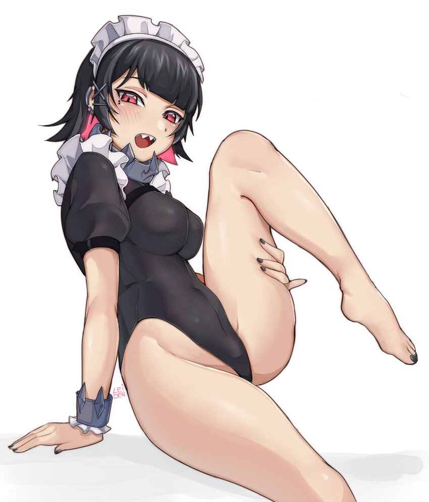 1girl absurdres bare_legs barefoot black_hair black_leotard black_nails breasts colored_inner_hair commentary earclip ellen_joe english_commentary feet fingernails hair_ornament highleg highleg_leotard highres knee_up large_breasts leg_lift legs leiden_yaegore leotard looking_at_viewer maid_headdress metal_wrist_cuffs mole mole_under_eye multicolored_hair nail_polish no_tail open_mouth parted_bangs puffy_short_sleeves puffy_sleeves red_eyes sharp_teeth short_hair short_sleeves simple_background sitting solo teeth toenail_polish toenails upper_teeth_only white_background wrist_cuffs x_hair_ornament zenless_zone_zero