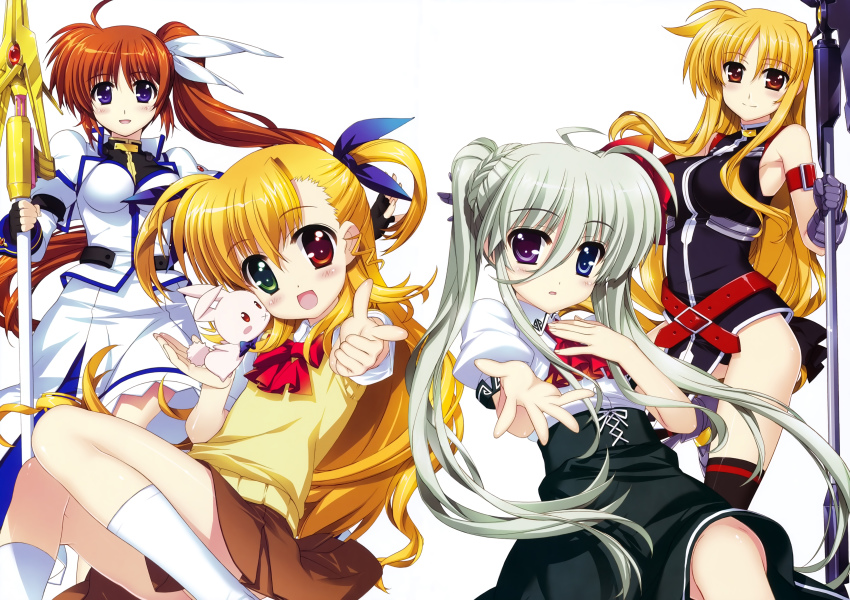 10s 4girls absurdres ahoge bardiche_(assault_form)_(nanoha) bardiche_(nanoha) blue_eyes blush brown_hair dress einhard_stratos fate_testarossa fate_testarossa_(true_sonic_form) fujima_takuya gloves grey_hair hand_on_own_chest happy heterochromia highres lyrical_nanoha magical_girl mahou_shoujo_lyrical_nanoha_vivid multiple_girls raising_heart raising_heart_(exceed_mode) red_eyes ribbon sacred_heart school_uniform side_ponytail skirt takamachi_nanoha takamachi_nanoha_(exceed_mode) thighhighs twintails vivio