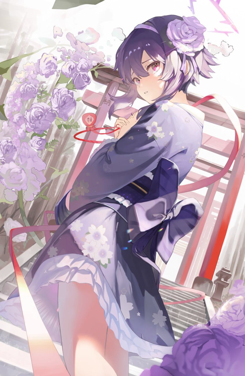 1girl back_bow blue_archive bow charm_(object) commentary cowboy_shot day dutch_angle floral_print floral_print_kimono flower frilled_kimono frilled_sash frills from_side hair_flower hair_ornament hairband halo hands_up haruka_(blue_archive) haruka_(new_year)_(blue_archive) highres holding holding_charm japanese_clothes kanzashi kimono long_sleeves looking_at_viewer manpo official_alternate_costume on_stairs outdoors own_hands_together parted_lips print_kimono purple_eyes purple_flower purple_hair purple_hairband purple_halo purple_kimono purple_rose purple_sash red_ribbon ribbon rose sash short_hair_with_long_locks sidelighting simple_background solo spiked_hair standing string string_of_fate sunlight torii white_background wide_sleeves