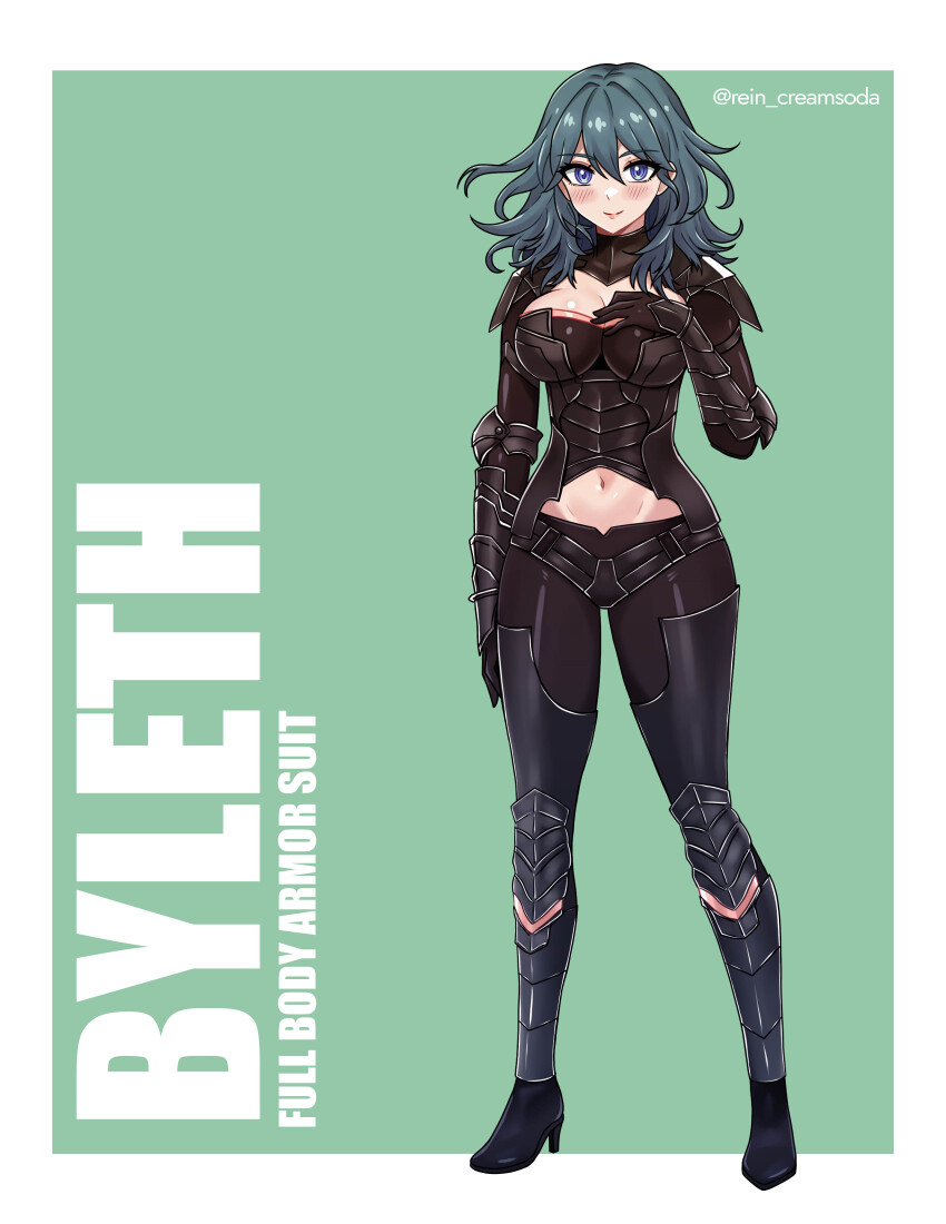 1girl absurdres alternate_costume armored_boots artist_name blue_eyes blue_hair body_armor boots border breasts female_byleth_(fire_emblem) character_name commentary commission english_commentary english_text fire_emblem fire_emblem:_three_houses gauntlets green_background highres long_hair looking_at_viewer navel nintendo outside_border rein_creamsoda shoulder_pads simple_background solo standing white_border