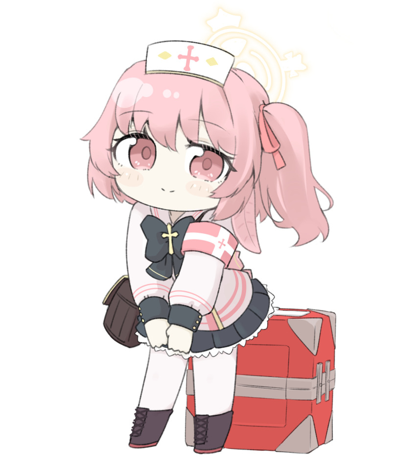 1girl armband black_boots black_bow black_skirt blue_archive boots bow chibi closed_mouth commentary_request dress full_body halo hat highres lace-up_boots long_sleeves looking_at_viewer miranofuudoria nurse nurse_cap one_side_up own_hands_together pantyhose pink_eyes pink_hair pleated_skirt puffy_long_sleeves puffy_sleeves sailor_collar sailor_dress serina_(blue_archive) simple_background skirt smile solo standing white_background white_dress white_hat white_pantyhose white_sailor_collar