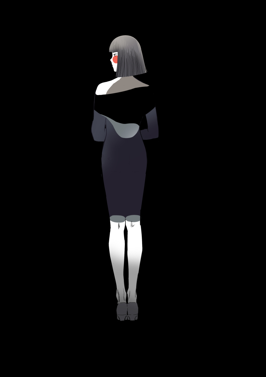 1girl absurdres bare_shoulders black_background black_dress black_theme clarri remembrance_of_earth&#039;s_past dress from_behind full_body highres limited_palette pale_skin shoes simple_background solo sophon standing