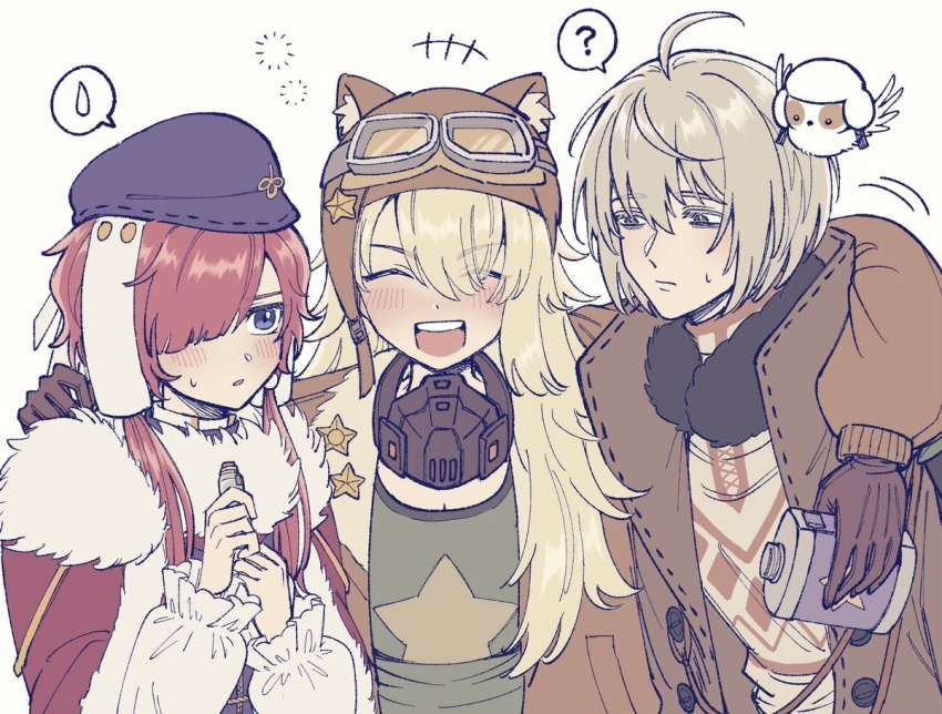 +++ 1boy 2girls 39999m :/ :o ? ^_^ ahoge animal_ear_headwear arm_around_neck aviator_cap bird black_hat blonde_hair blue_eyes blush bottle brown_coat brown_gloves brown_hat brown_jacket newsboy_cap canteen cape closed_eyes coat country_connection drunk facing_viewer fake_animal_ears fur-trimmed_cape fur_collar fur_trim gloves goggles goggles_on_headwear green_shirt grey_hair hair_over_one_eye hand_on_another&#039;s_shoulder hands_up hat holding holding_bottle holding_canteen jacket lilya_(reverse:1999) long_sleeves mask mask_around_neck multiple_girls one_eye_covered open_mouth oxygen_mask print_shirt puffy_long_sleeves puffy_sleeves red_cape red_hair reverse:1999 shirt short_hair smile spoken_question_mark spoken_sweatdrop squeans star_(symbol) star_print sweat sweatdrop teeth tit_(bird) upper_body upper_teeth_only white_background white_shirt yenisei_(reverse:1999) zima_(reverse:1999)
